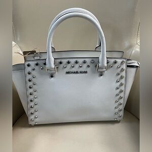 SOLD- 🦋Michael Kors White Studded Saffiano Satchel with Silver Hardware